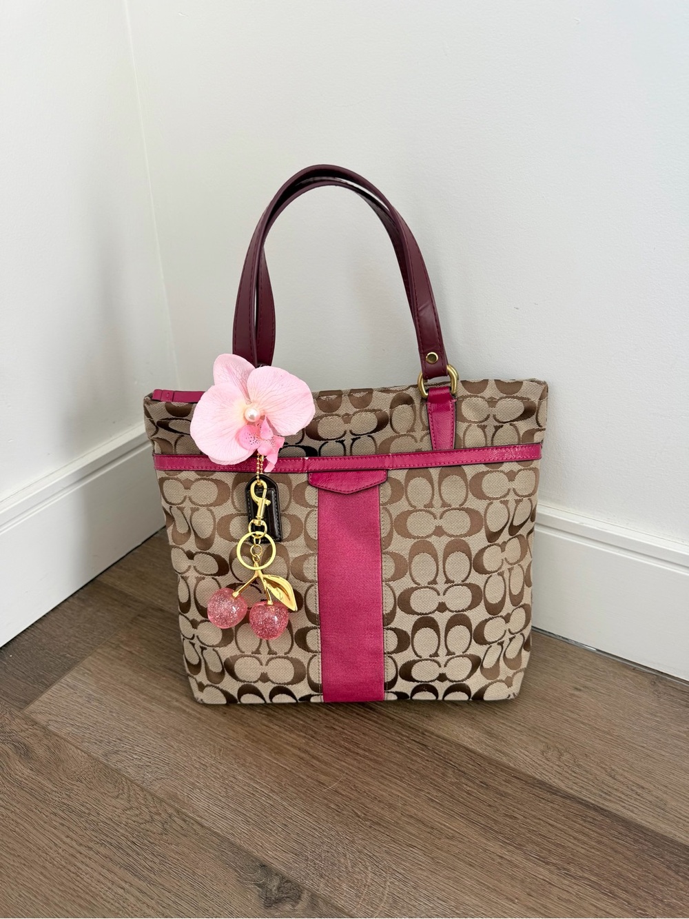 Vintage  Coach Pink Signature Stripe Tote Bag w/Gold Hardware